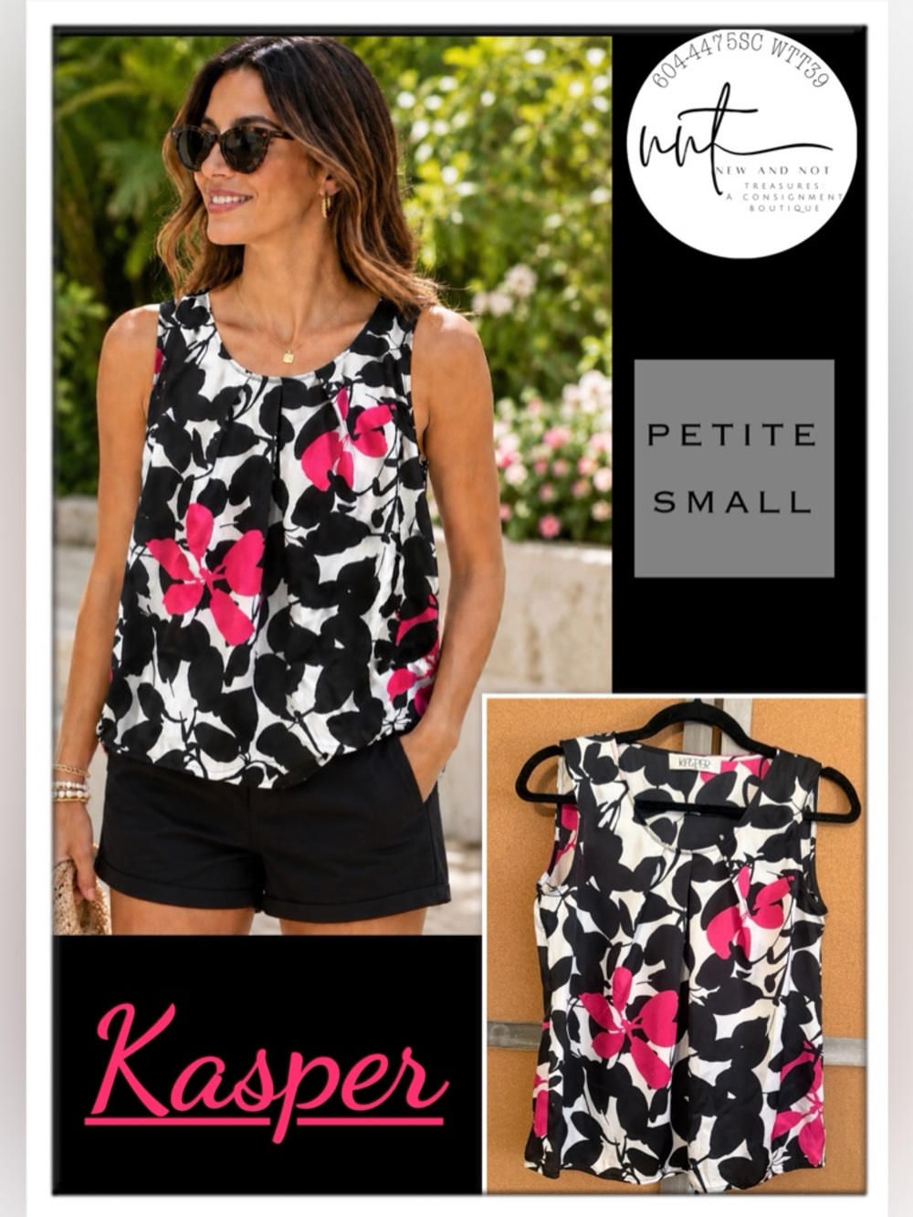 Kasper Petite Small Floral Sleeveless Blouse Black White Pink Career Top